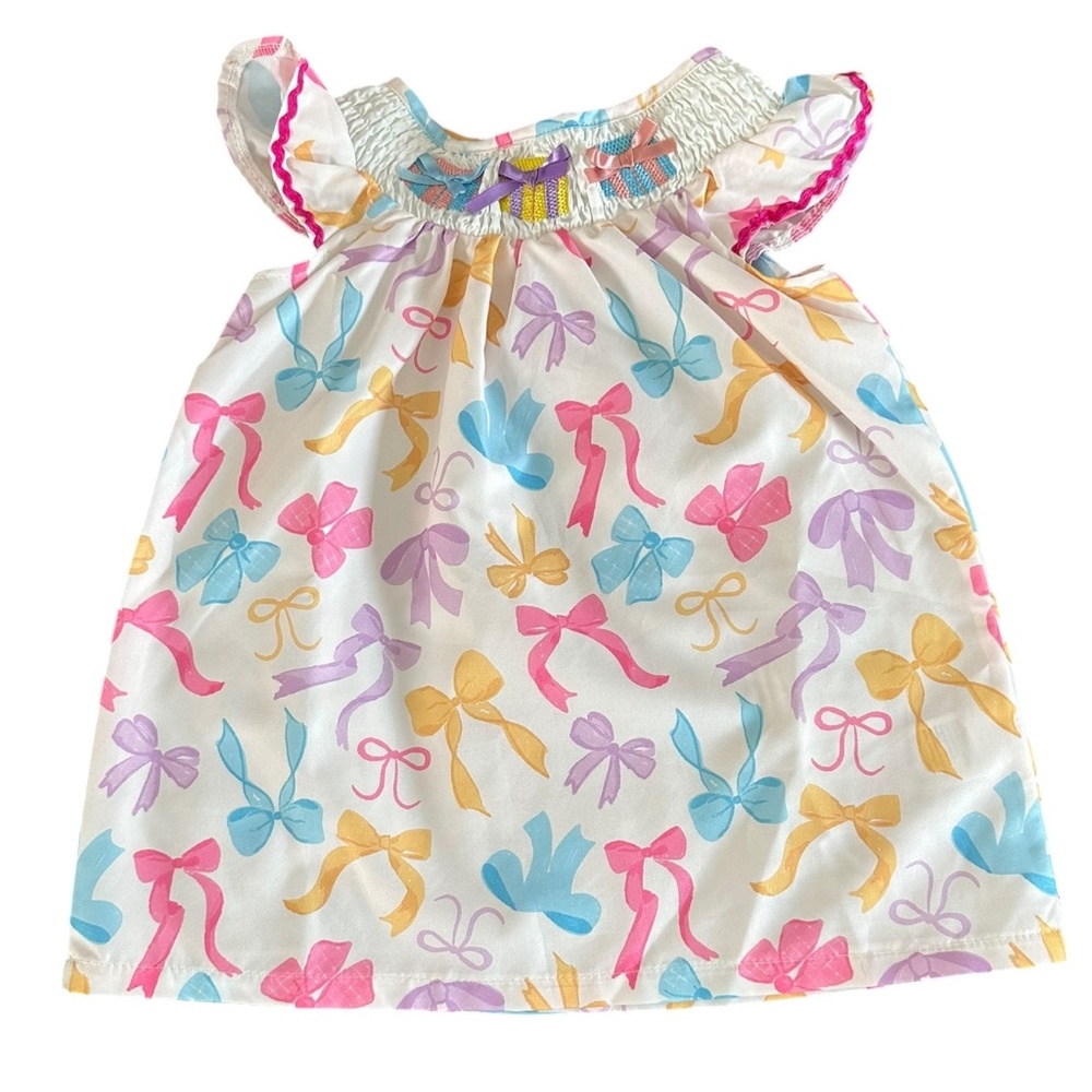 Baby Girl Smocked Dress Flutter Sleeve Bow Print (Size 12-18m)